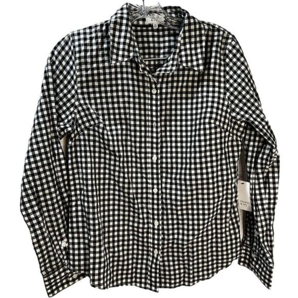 NEW Women's Gingham Classic-Fit Long Sleeve‎ Button Down Shirt XS